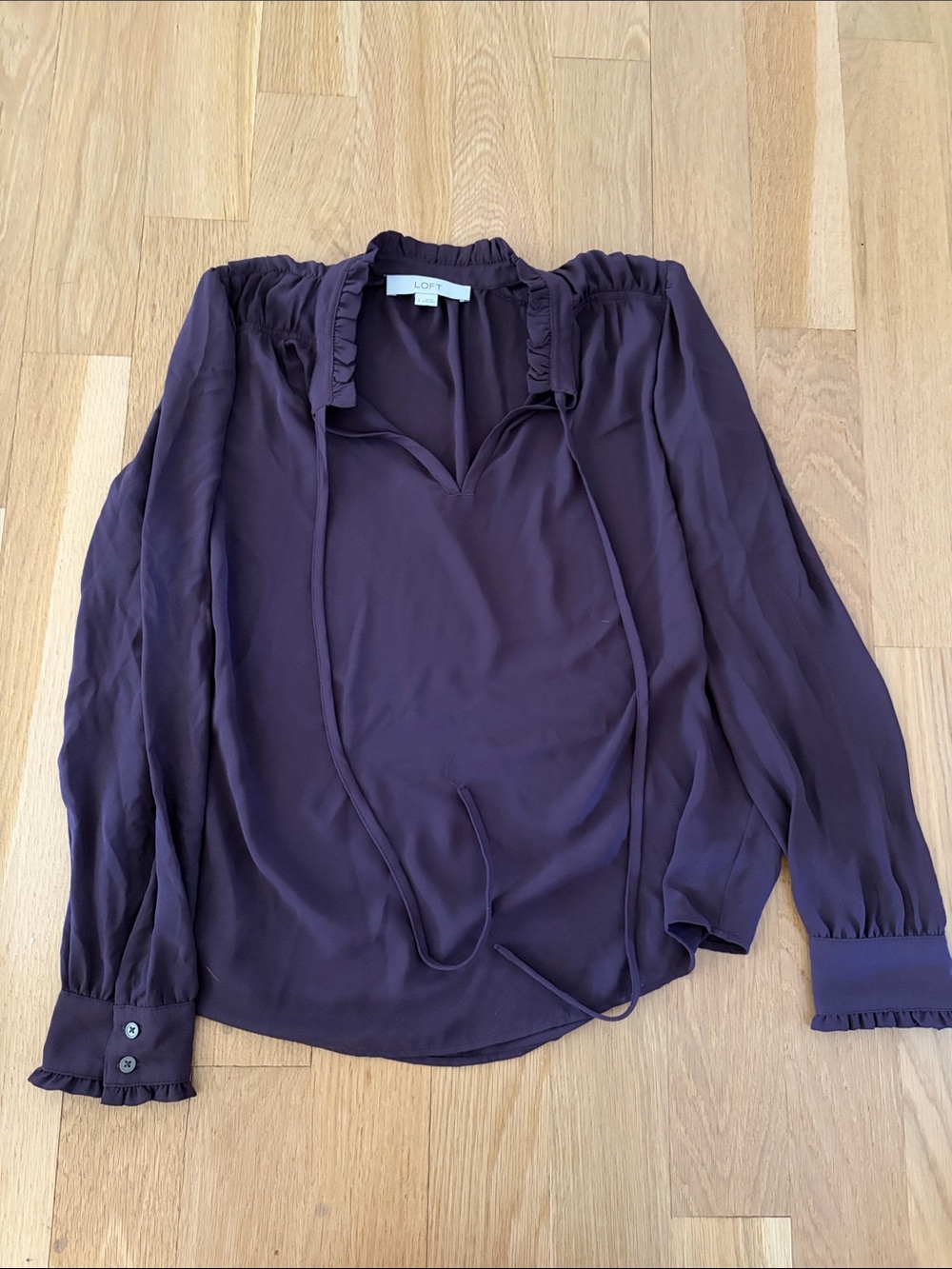 LOFT Plum Tie-Neck Long Sleeve Blouse